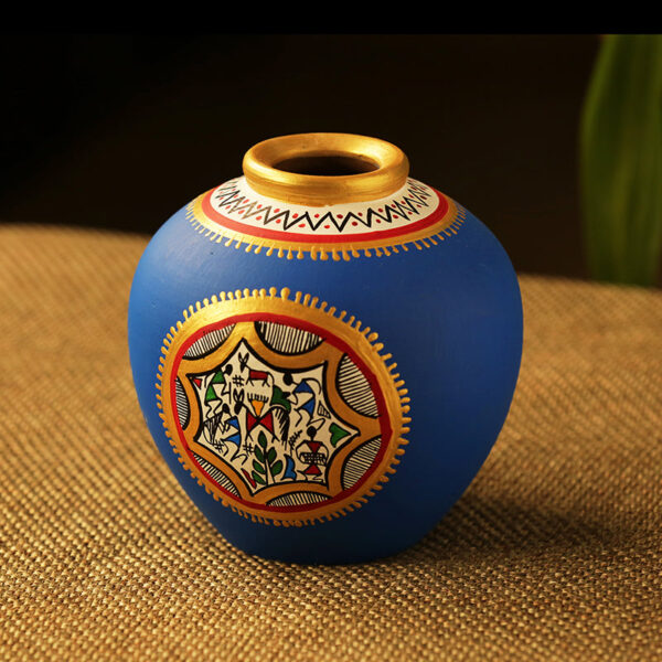 15.2 cm Terracotta Handpainted Warli Matki Shaped Vase In Blue 15.2 cm Terracotta Handpainted Warli Matki Shaped Vase In Blue