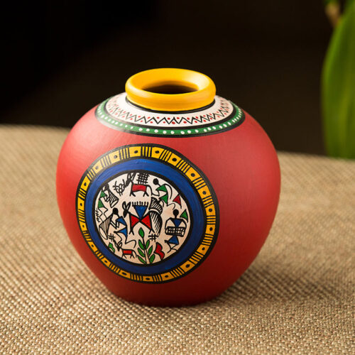 15.2 cm Terracotta Handpainted Warli Matki Shaped Vase In Red