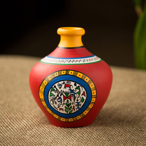 15.2 cm Terracotta Handpainted Warli Matki Shaped Vase In Red