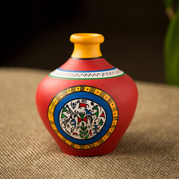 15.2 cm Terracotta Handpainted Warli Matki Shaped Vase In Red