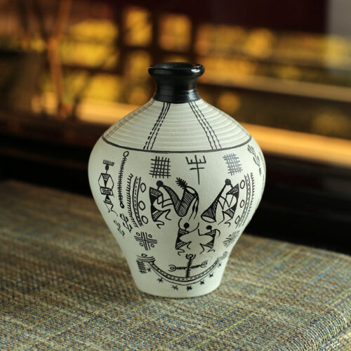 15.2 cm Terracotta Handpainted Warli Matki Shaped Vase In White