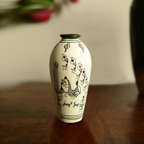 15.2 cm Terracotta Handpainted Warli Round Shaped Vase In White