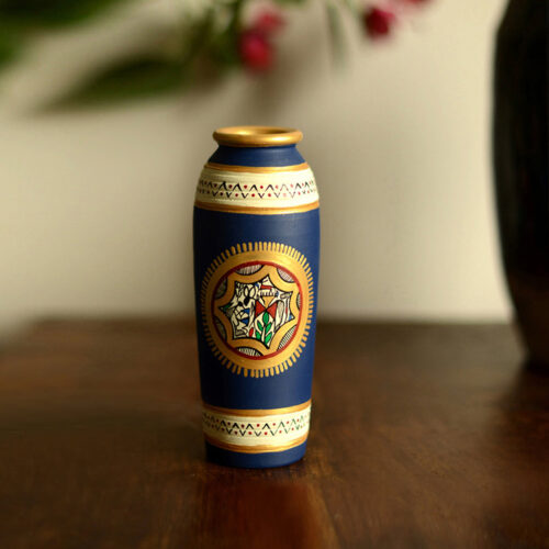 15.2 cm Terracotta Handpainted Warli Tapered Shape Vase In Blue 15.2 cm Terracotta Handpainted Warli Tapered Shape Vase In Blue