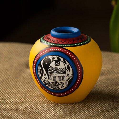 15.2 cm Terracotta Handpainted Yellow Matki Shaped Vase In Yellow