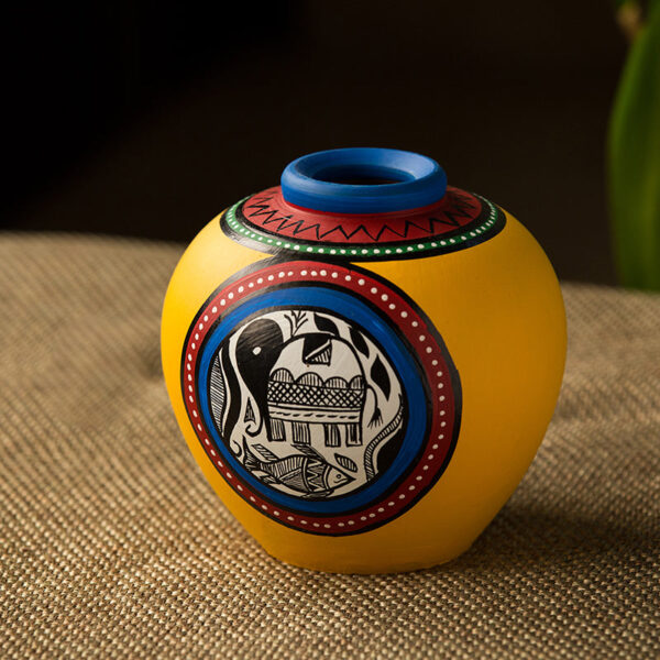 15.2 cm Terracotta Handpainted Yellow Matki Shaped Vase In Yellow