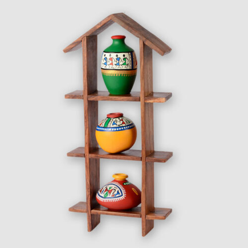 3 Terracotta Warli Handpainted Pots With Sheesham Wooden Hut Frame Wall Hanging 3 Terracotta Warli Handpainted Pots With Sheesham Wooden Hut Frame Wall Hanging