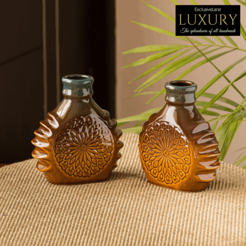 'Amber & Teal' Studio Pottery Vases In Ceramic (Set of 2) 'Amber & Teal' Studio Pottery Vases In Ceramic (Set of 2)