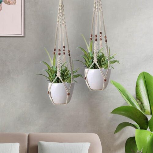 Beaded Macrame Plant Hanger - Set Of Two