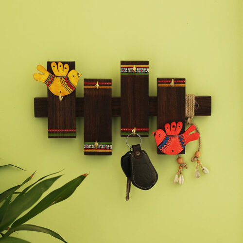 'Birds On Planks' Warli Hand-Painted Key Holder In Sheesham Wood (6 Hooks) 'Birds On Planks' Warli Hand-Painted Key Holder In Sheesham Wood (6 Hooks)