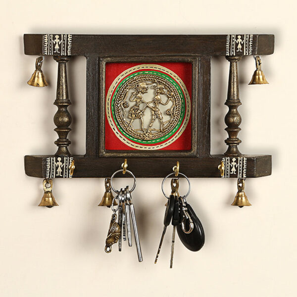 'Brass People On Teak Wood' Warli Hand-Painted Key Holder With Dhokra Art (4 Hooks) 'Brass People On Teak Wood' Warli Hand-Painted Key Holder With Dhokra Art (4 Hooks)