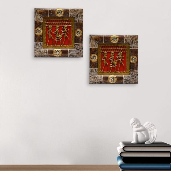 Dhokra Work & Warli Hanpainted Wall Decor Set In Wood Dhokra Work & Warli Hanpainted Wall Decor Set In Wood