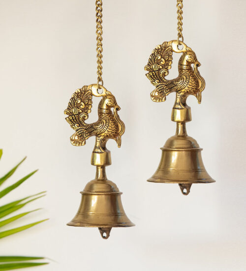 Elegant Peacock Hand-Etched Decorative Hanging Bell In Brass (Set of 2)