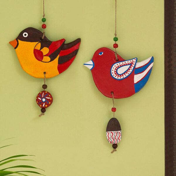 'Feathered Sparrows' Handmade & Hand-painted Garden Decorative Wall Hanging In Terracotta (Set of 2)