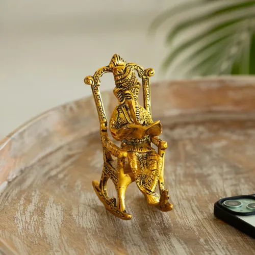 'Ganesha On Rocking Chair' Idol Showpiece Figurine (15 cm, Golden, Metal, Handcrafted)