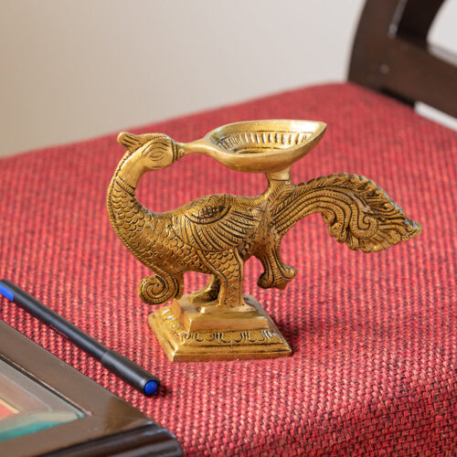 Gleaming Peacock' Hand-Etched Carved Diya In Brass (730 grams)