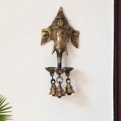 Gleeful Ganesha Hand-Etched Decorative Wall Hanging Diyas With Bells In Brass (500 grams)