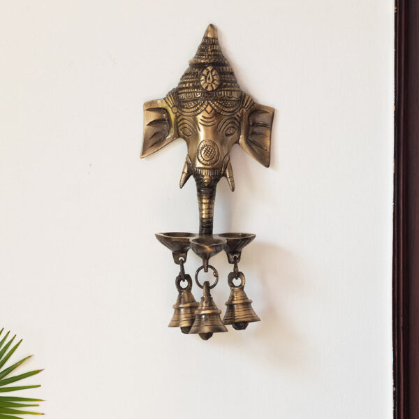 Gleeful Ganesha Hand-Etched Decorative Wall Hanging Diyas With Bells In Brass (500 grams)