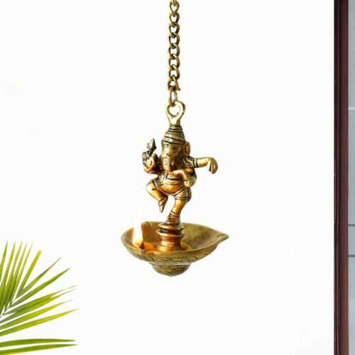 Handcarved 'Dancing Ganesh' Brass Hanging Diya (3 Wicks, 25 ml, 520 grams, Hand-Etched)