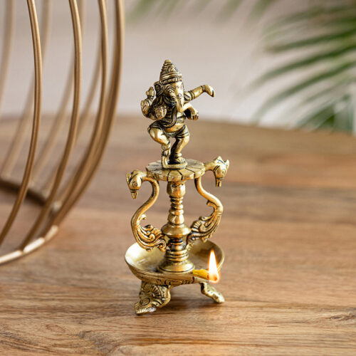 Handcarved 'Ganesha' Brass Diya (1 Wick, 20.1 cm, 20 ml, 800 grams, Hand-Etched)
