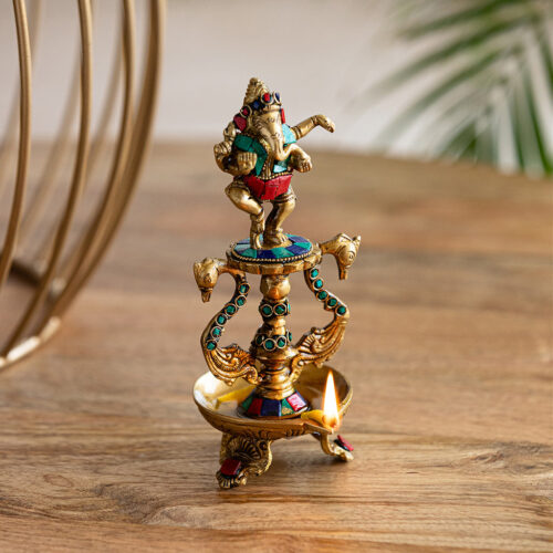 Handcarved 'Ganesha' Brass Diya With Gem Work (1 Wick, 20.1 cm, 20 ml, 800 grams, Hand-Etched)