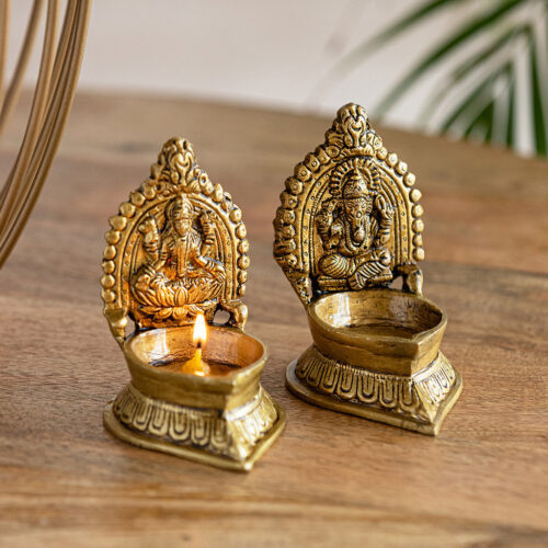 Handcarved 'Laxmi Ganesha Pair' Brass Diyas (Set of 2, Hand-Etched, 10.7 cm, 20 ml, 580 grams Each)