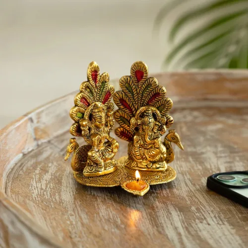 'Laxmi Ganesh & Peacock' Idol Showpiece Figurine with Diya (1 Wick, 14.5 cm, Golden, Metal, Handcrafted)