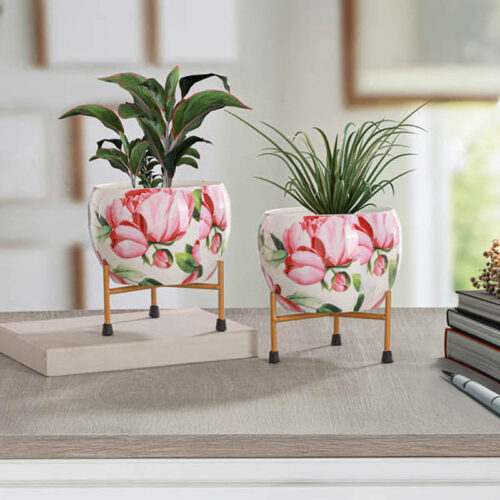 Lotus Bloom Handcrafted Planter With Stand - Four Piece Set