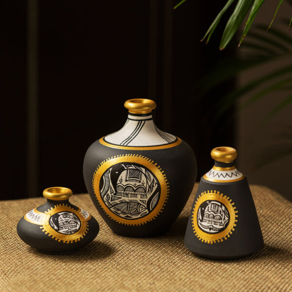 'Madhubani Jet Black Matkis' Hand-Painted Vases Combo In Terracotta (Set of 3)