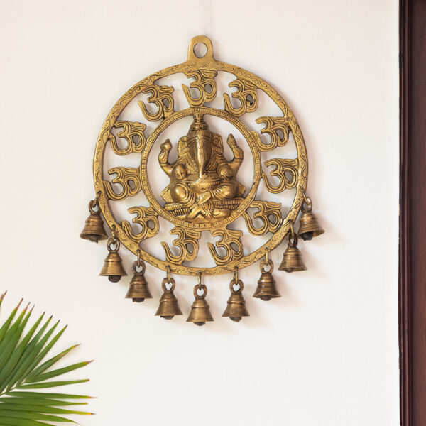 Mahaganpati' Hand-Etched Wall Decor Hanging With Bells In Brass (9 Bells, 1.3 kg)