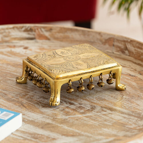 'Mandala' Handcarved Decorative Brass Pooja Chowki (Hand-Etched, 7.0 x 5.8 cm, 1.62 kg)