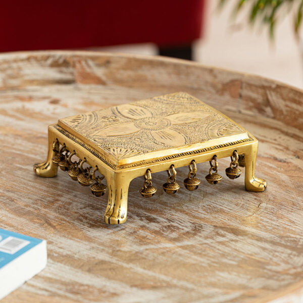 'Mandala' Handcarved Decorative Brass Pooja Chowki (Hand-Etched, 7.0 x 5.8 cm, 1.62 kg)