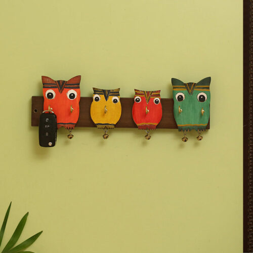 'Owl Family' Decorative Key Holder In Mango Wood (6 Hooks)