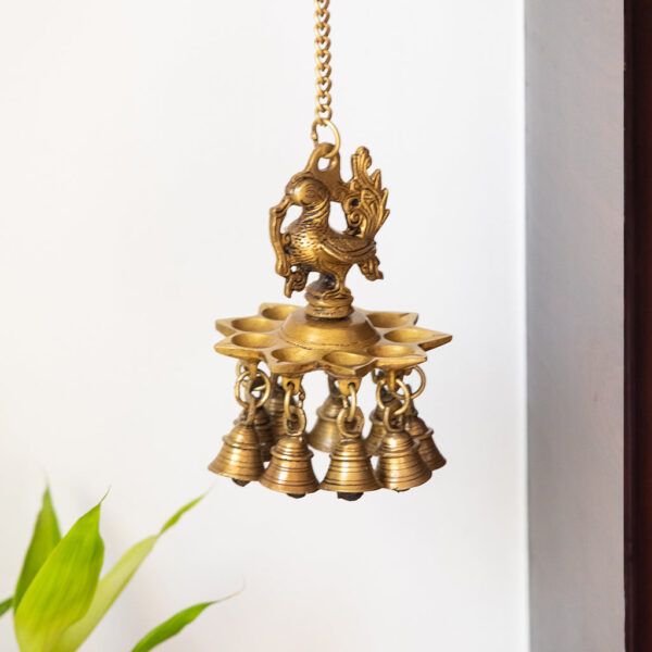 Peacock Bliss' Hand-Etched Decorative Hanging Diya With Bell In Brass (9 Diyas & Bells, 983 grams)