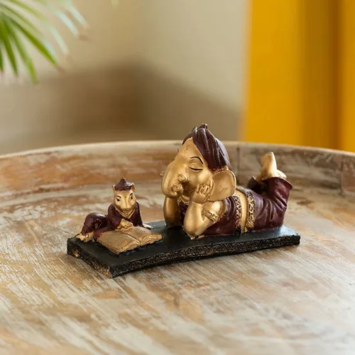'Reading Ganesha' Idol Decorative Showpiece Figurine (Resin, Handcrafted, 19.6 cm)