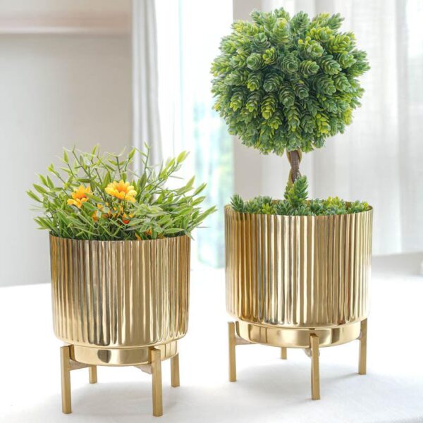 Royale Golden Metal Fluted Planter - Set Of Two Royale Golden Metal Fluted Planter - Set Of Two