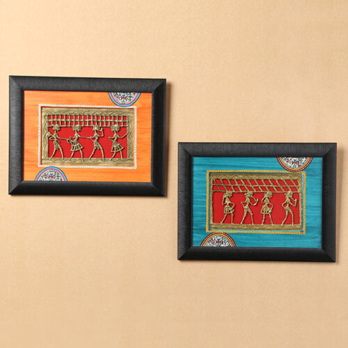 Sunset Orange & Ocean Blue Handpainted Warli & Dhokra Rectangular Wall Painting Set Sunset Orange & Ocean Blue Handpainted Warli & Dhokra Rectangular Wall Painting Set
