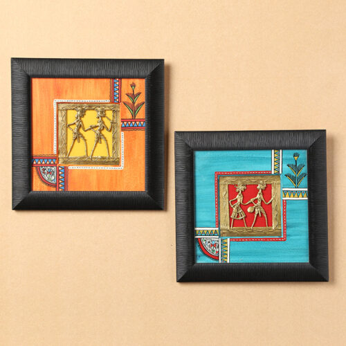 Sunset Orange & Ocean Blue Handpainted Warli & Dhokra Square Wall Painting Set