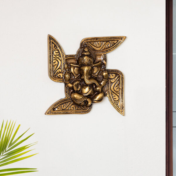 'Swastik-Ganesha' Wall Decor Brass Wall Hanging (Hand-Etched, 17 cm, 1.04 kg)