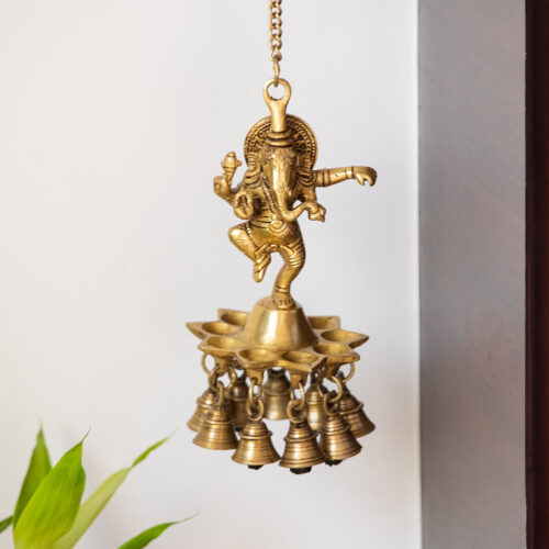 Swaying Ganesha' Hand-Etched Decorative Hanging Diya With Bell In Brass (9 Diyas & Bells, 1.20 kg)