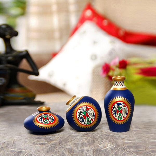 Terracotta Warli Handpainted Miniature Blue Pots Showpieces (Set Of 3) Terracotta Warli Handpainted Miniature Blue Pots Showpieces (Set Of 3)