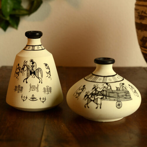 Terracotta Warli Handpainted Set Of 2 Pots Showpieces In White