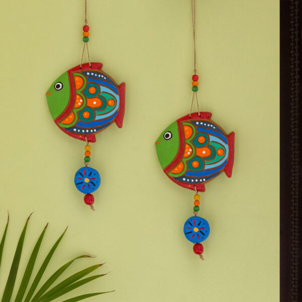 'The Fish Twins' Handmade & Hand-painted Decorative Wall Hanging In Terracotta (Set of 2)