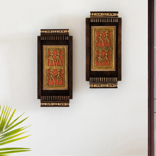 'Tribal Dhokra Art' Handcrafted Wall Decor Hanging In Mango Wood (Set Of 2, 27.7 cm, Hand-Painted)