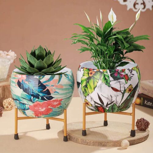 Tropical Tweet Handcrafted Planter With Stand - Four Piece Set