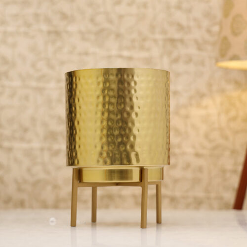 Vida Ember Hammered Planter with Stand - Gold