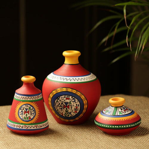 'Warli Red Matkis' Hand-Painted Vases Combo In Terracotta (Set of 3) 'Warli Red Matkis' Hand-Painted Vases Combo In Terracotta (Set of 3)