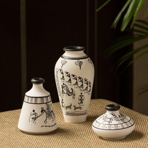 'Warli White Matkis' Hand-Painted Vases Combo In Terracotta (Set of 3)