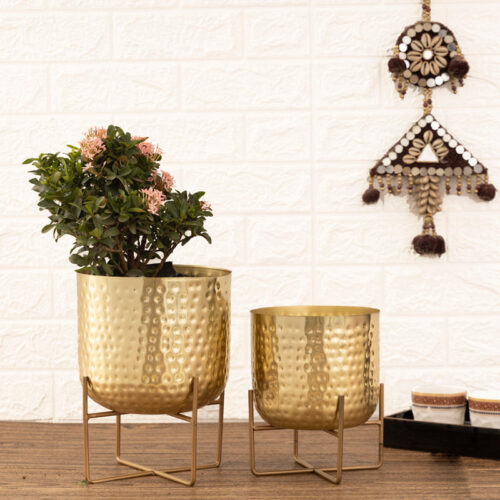 Zeren Olive Hammered Planter (Gold) - Set Of Two