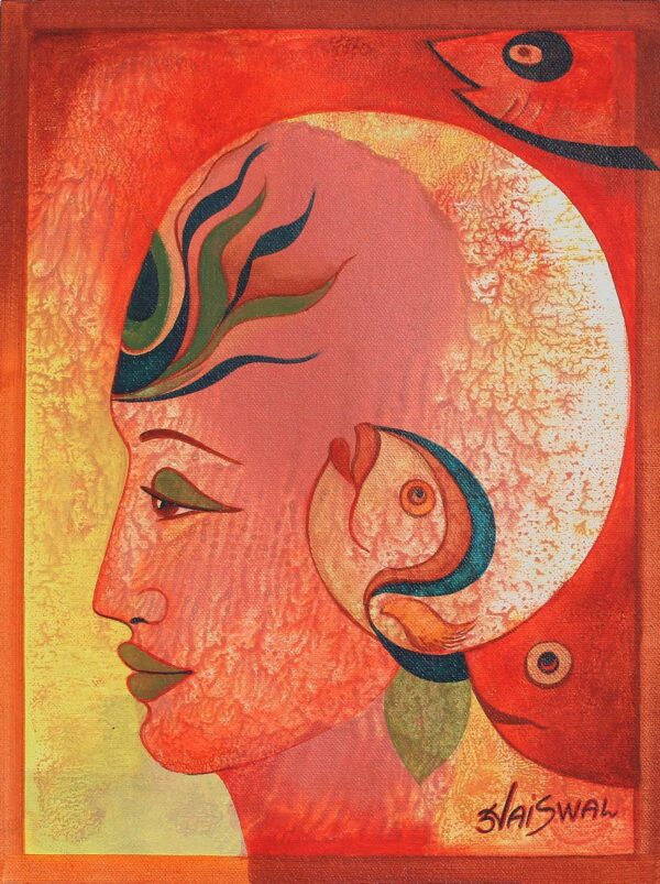 Acrylic Expressionist Painting of Vishnu from India, 'Incarnation of Vishnu - Matsya'