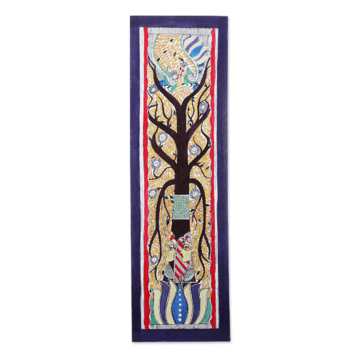 Acrylic & Ink Madhubani Art of Man Woman and Tree of Life, 'Man, Woman and Tree of Life' Acrylic & Ink Madhubani Art of Man Woman and Tree of Life, 'Man, Woman and Tree of Life'